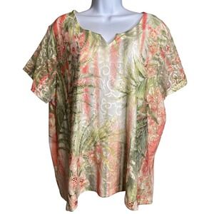 Alfred Dunner Womens Tropical Floral Lace Overlay V Top Sz 2X Feminine Flowy